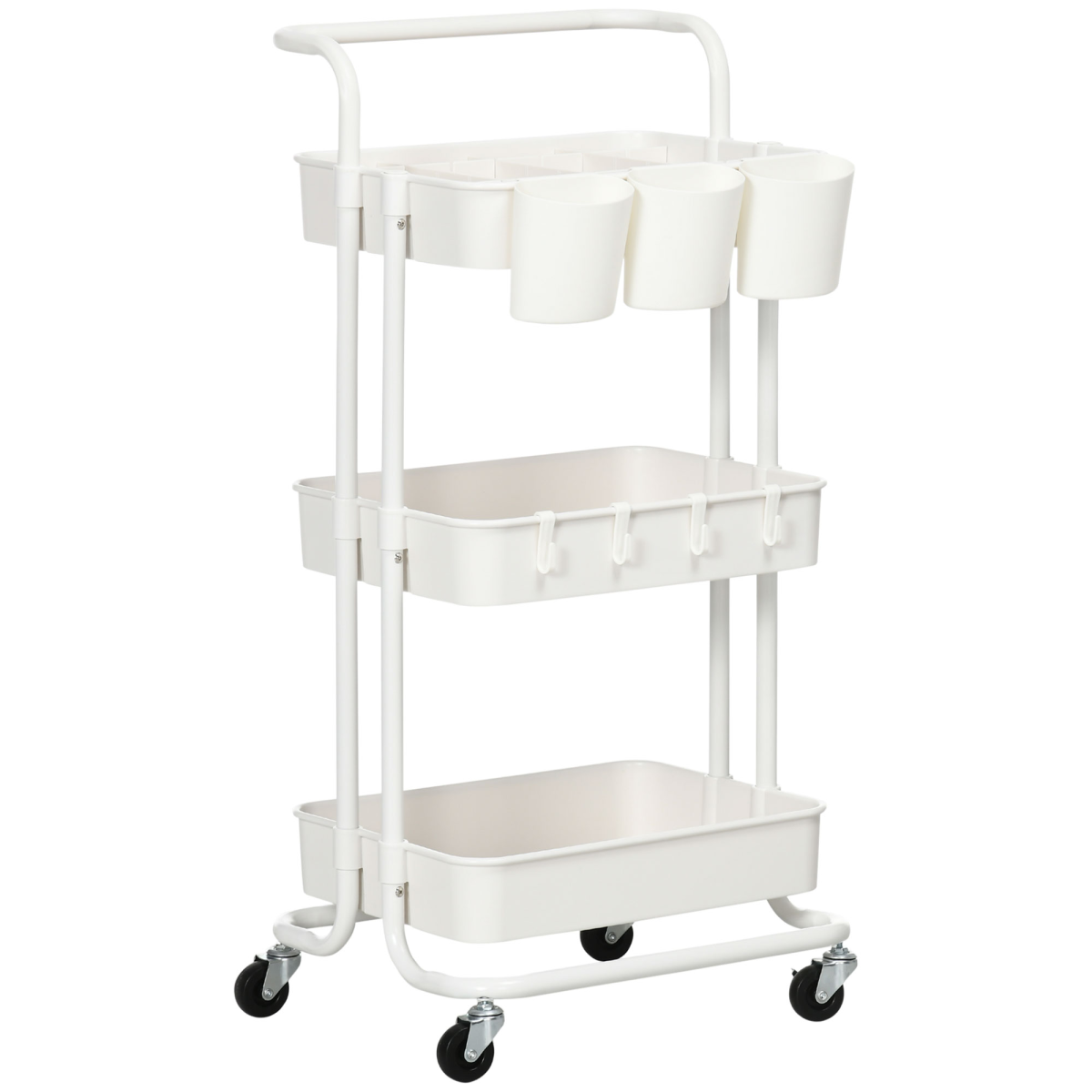 HOMCOM 3-Tier Utility Cart, Rolling Serving Trolley with Baskets and Hooks